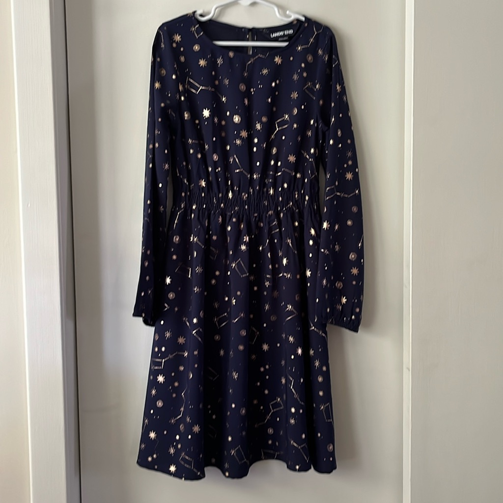 Girl’s Holiday Party Dress Navy/Rose Gold Foil Constellation Art 7/8. Nwot Cute!